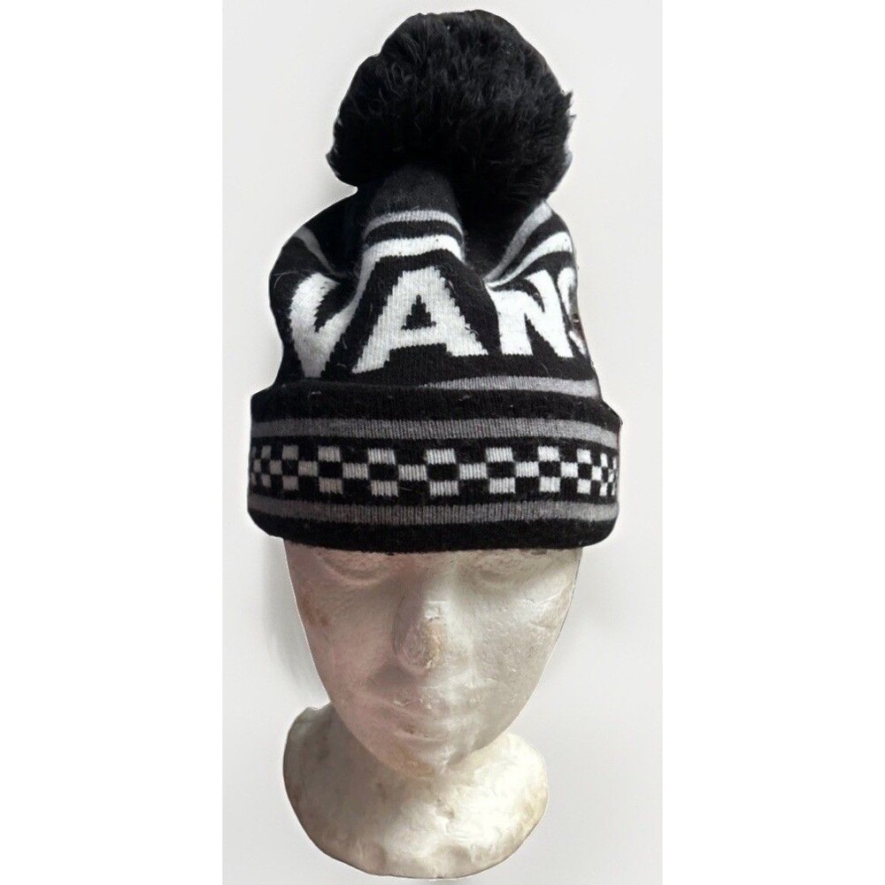 Vans Hat Black Checker Stripe Beanie Cap Pom Knit Winter Outdoor Casual SK8